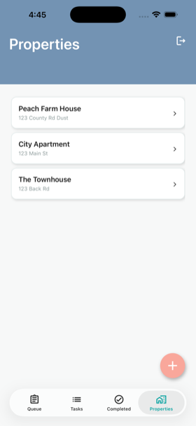 Properties list screen showing a list of properties