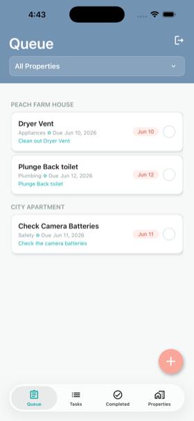 Queue screen showing a list of selectable tasks to mark complete
